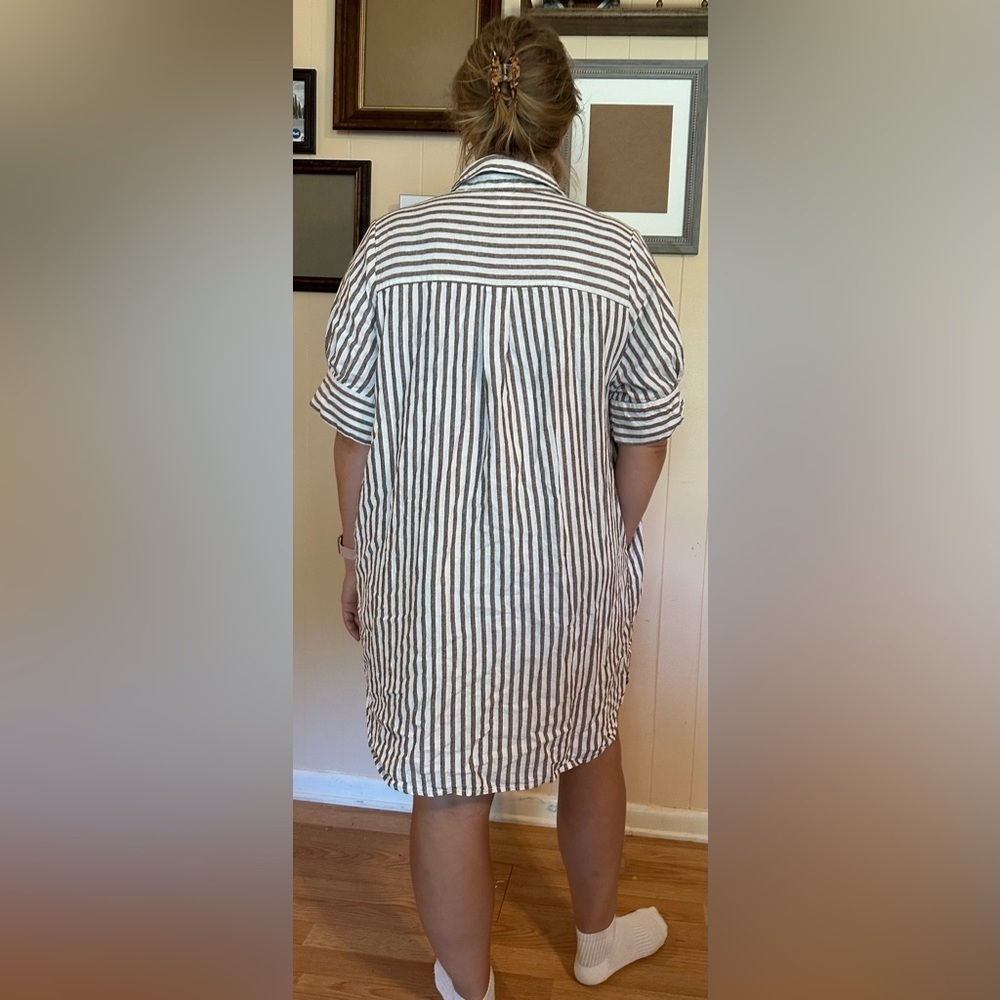 Old navy xl brown cream vertical stripe button up shirt dress pocket linen rayon - Picture 2 of 5